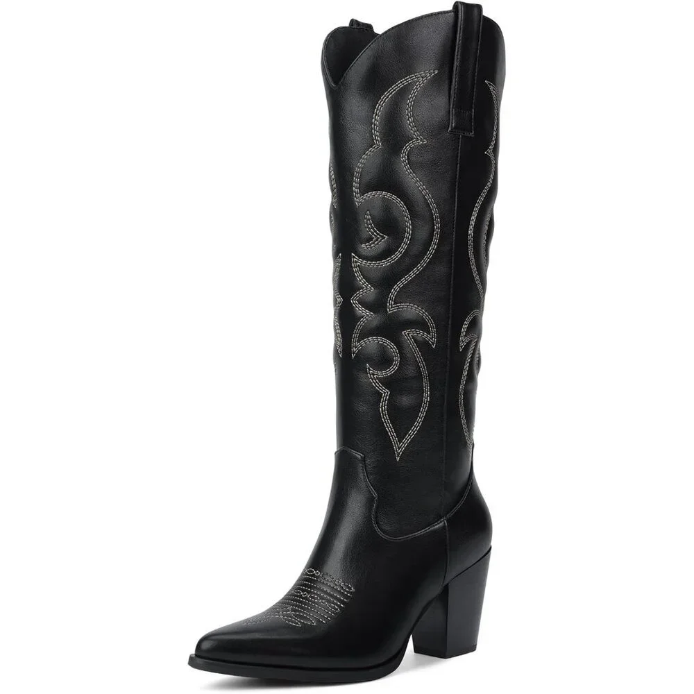 Women Black Western Knee High Cowgirl Boots with Side Zipper Retro Pointed
